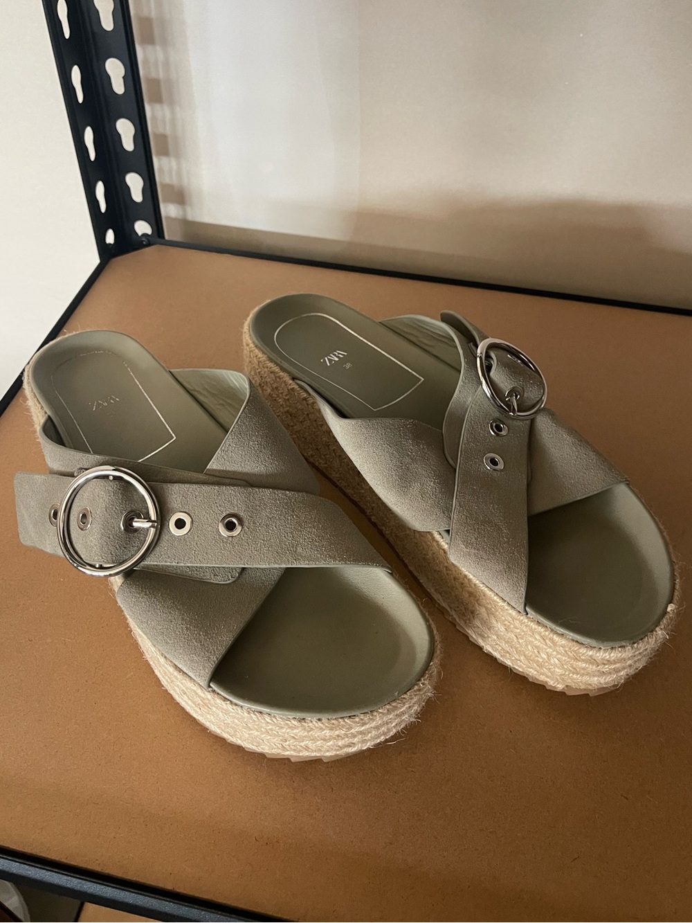 Zara Wedge Espadrille Slide Platform Sandals in Olive Green